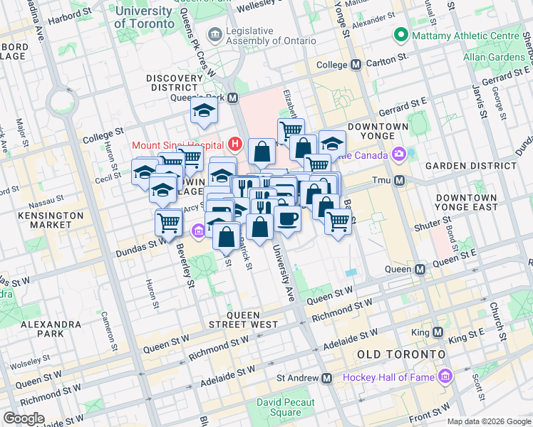 map of restaurants, bars, coffee shops, grocery stores, and more near in Toronto