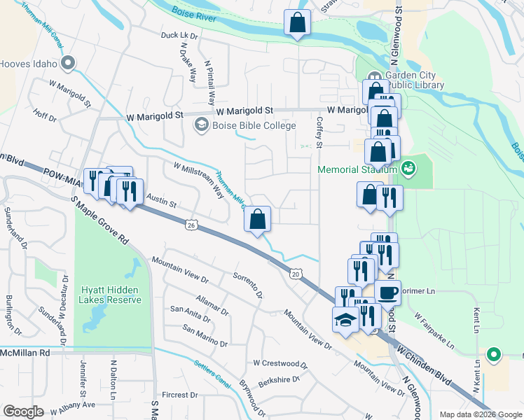 map of restaurants, bars, coffee shops, grocery stores, and more near 8438 Willowdale Drive in Boise