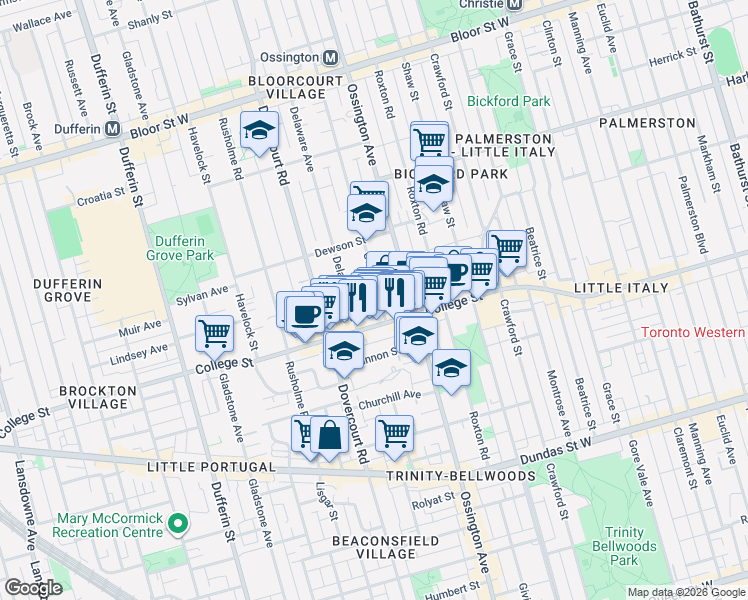 map of restaurants, bars, coffee shops, grocery stores, and more near 14 Concord Avenue in Toronto