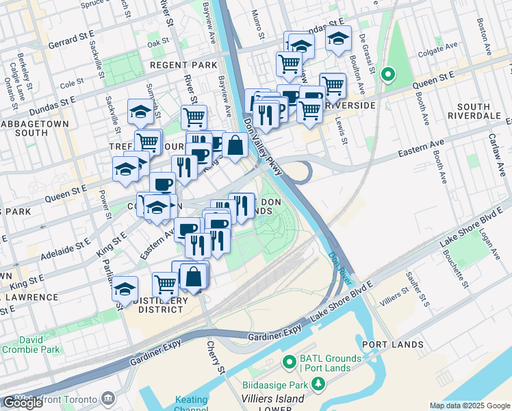 map of restaurants, bars, coffee shops, grocery stores, and more near 132 Bayview Avenue in Toronto