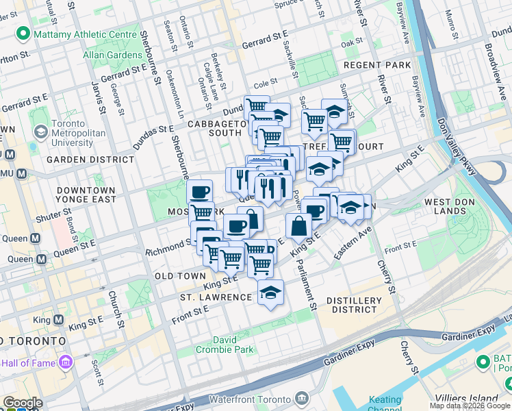 map of restaurants, bars, coffee shops, grocery stores, and more near 132 Berkeley Street in Toronto