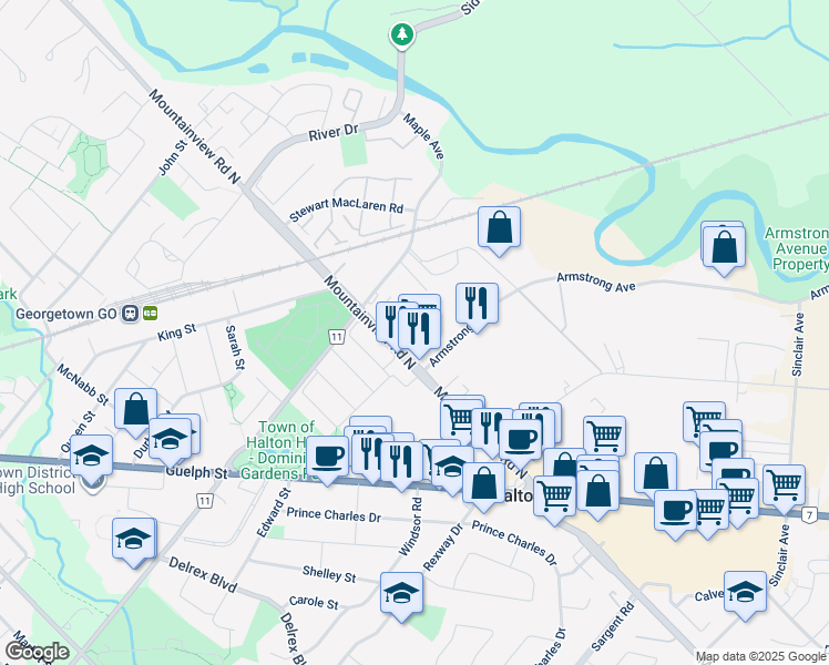 map of restaurants, bars, coffee shops, grocery stores, and more near 5 Armstrong Avenue in Halton Hills