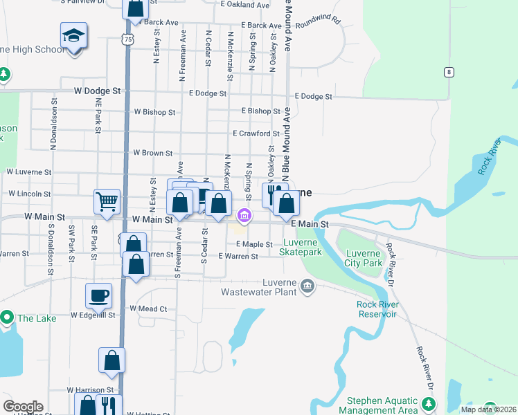 map of restaurants, bars, coffee shops, grocery stores, and more near 120 North Spring Street in Luverne