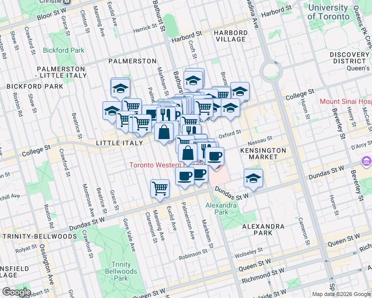 map of restaurants, bars, coffee shops, grocery stores, and more near 261 Markham Street in Toronto