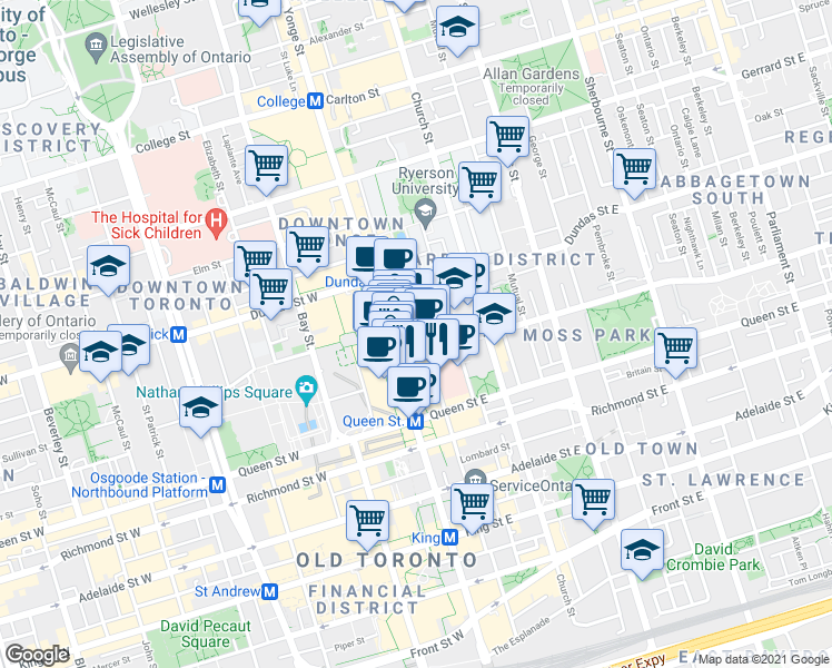 map of restaurants, bars, coffee shops, grocery stores, and more near 220 Victoria Street in Toronto