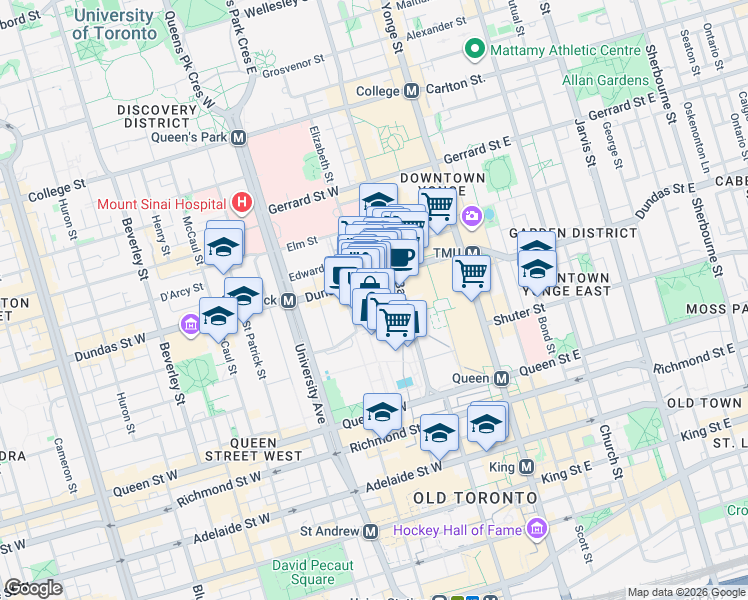 map of restaurants, bars, coffee shops, grocery stores, and more near 111 Elizabeth Street in Toronto