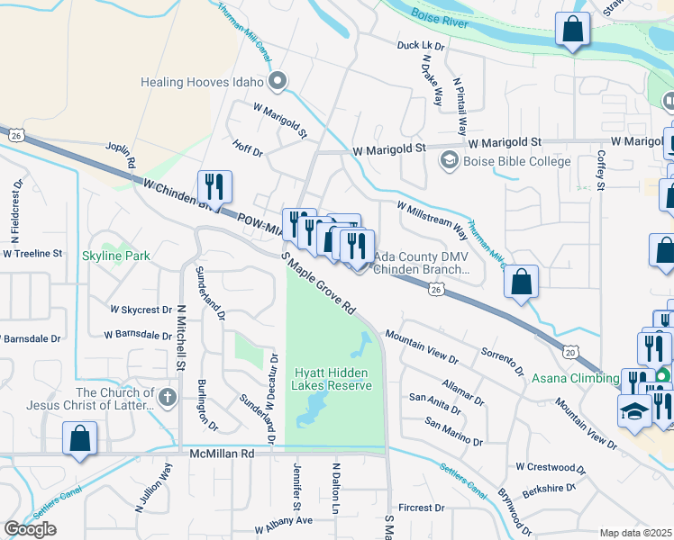 map of restaurants, bars, coffee shops, grocery stores, and more near 9165 West Chinden Boulevard in Garden City