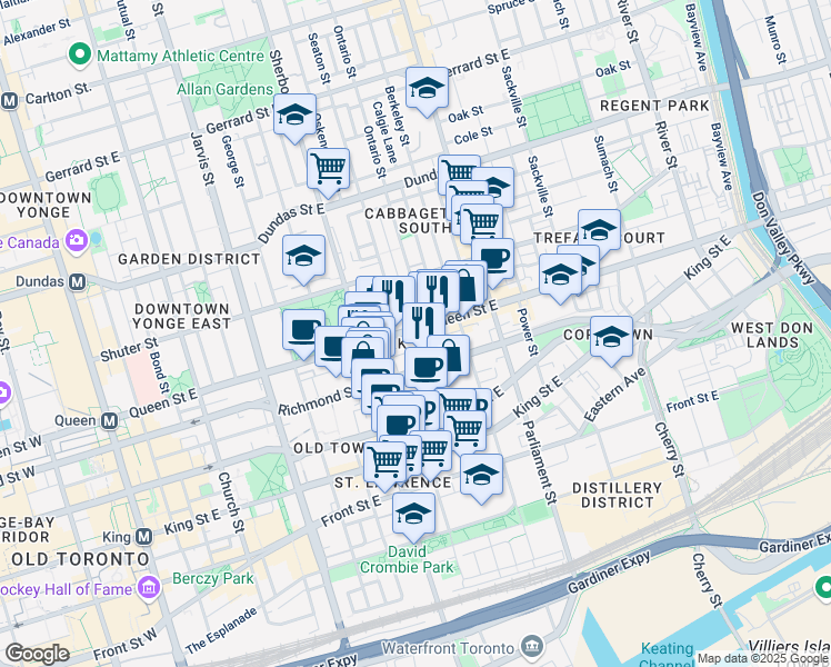 map of restaurants, bars, coffee shops, grocery stores, and more near 283 Queen Street East in Toronto