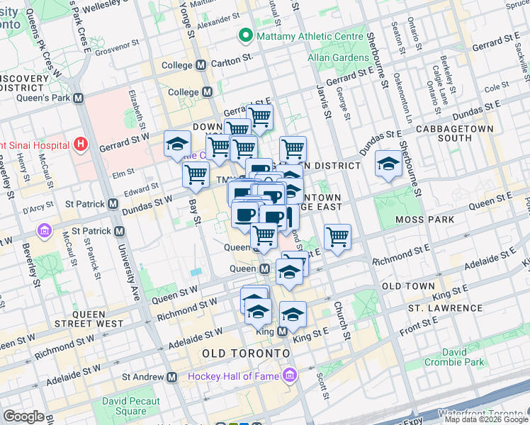map of restaurants, bars, coffee shops, grocery stores, and more near 220 Victoria Street in Toronto