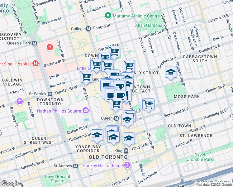 map of restaurants, bars, coffee shops, grocery stores, and more near 220 Victoria Street in Toronto