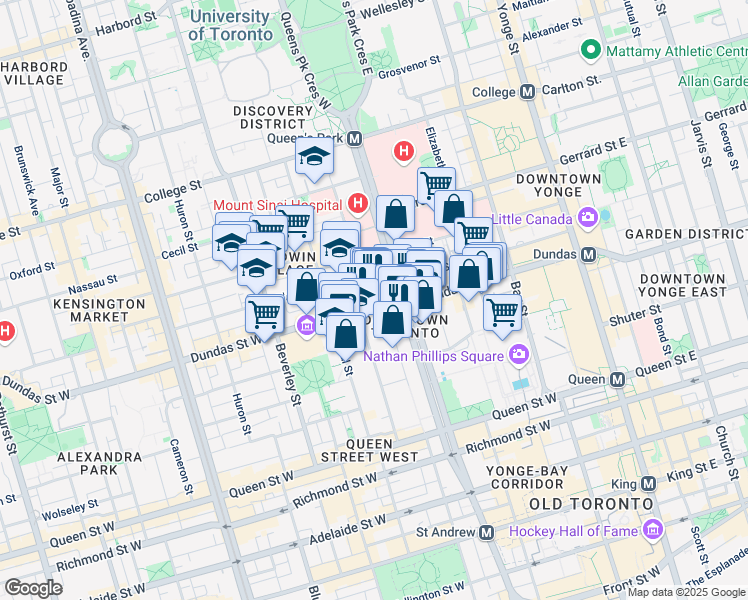 map of restaurants, bars, coffee shops, grocery stores, and more near in Toronto