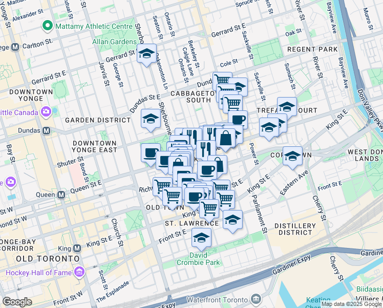 map of restaurants, bars, coffee shops, grocery stores, and more near in Toronto