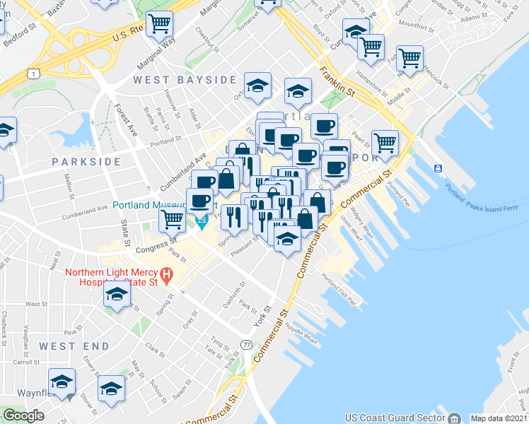 map of restaurants, bars, coffee shops, grocery stores, and more near 19 South Street in Portland