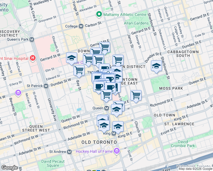 map of restaurants, bars, coffee shops, grocery stores, and more near 220 Victoria Street in Toronto