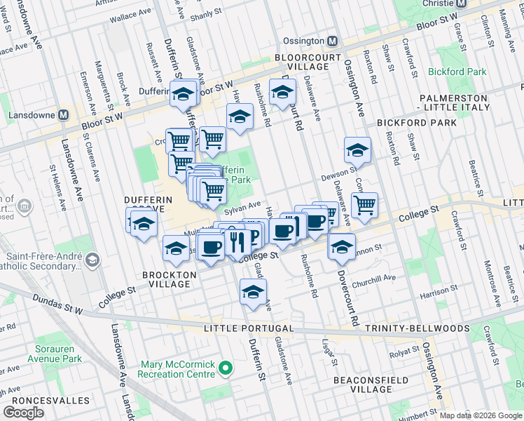 map of restaurants, bars, coffee shops, grocery stores, and more near in Toronto