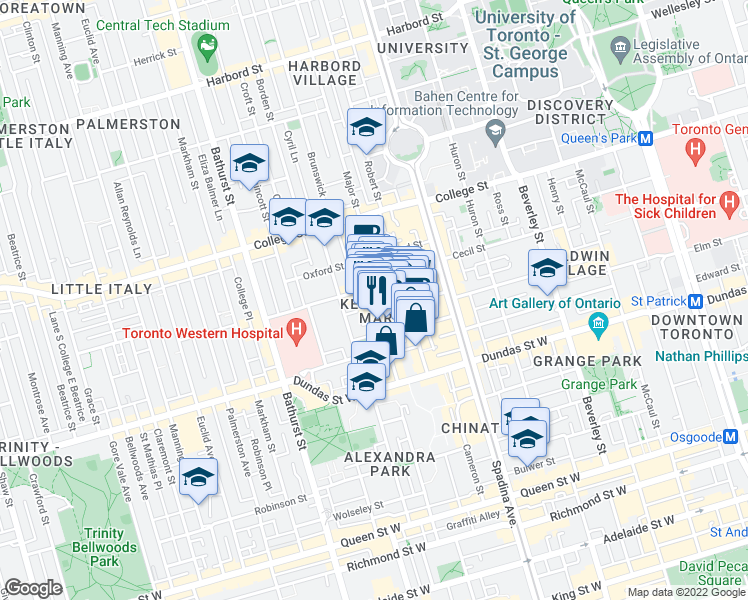 map of restaurants, bars, coffee shops, grocery stores, and more near 245 Augusta Avenue in Toronto