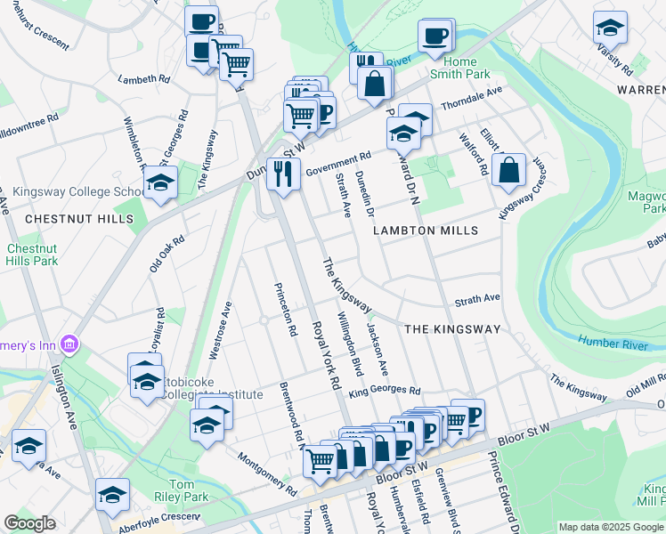 map of restaurants, bars, coffee shops, grocery stores, and more near 147 The Kingsway in Toronto