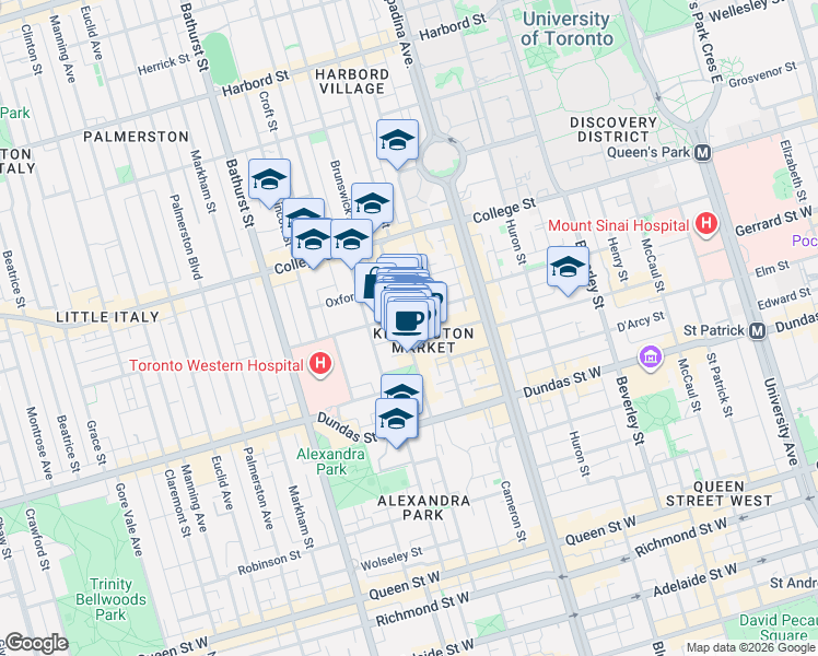 map of restaurants, bars, coffee shops, grocery stores, and more near 245 Augusta Avenue in Toronto