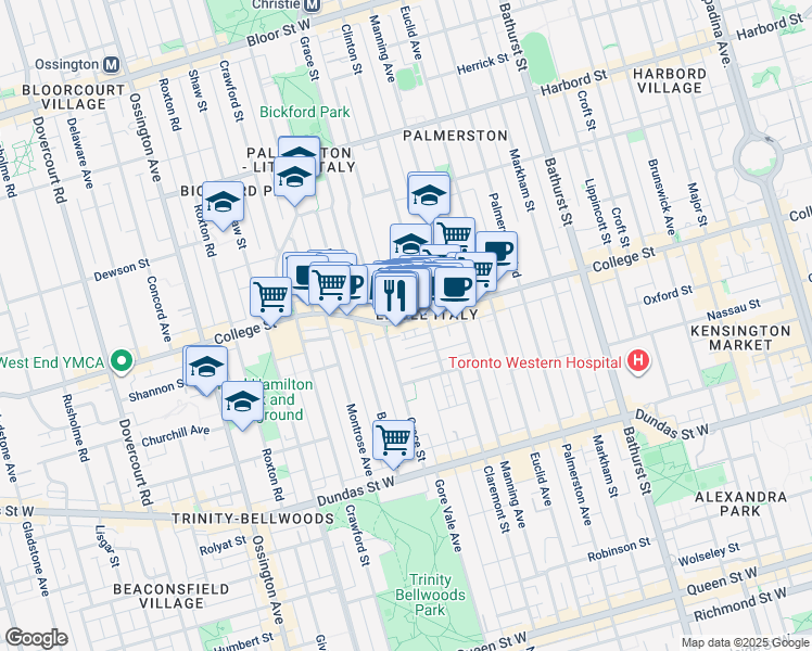 map of restaurants, bars, coffee shops, grocery stores, and more near 617 College Street in Toronto