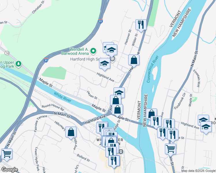 map of restaurants, bars, coffee shops, grocery stores, and more near 45 Crystal Place in Hartford