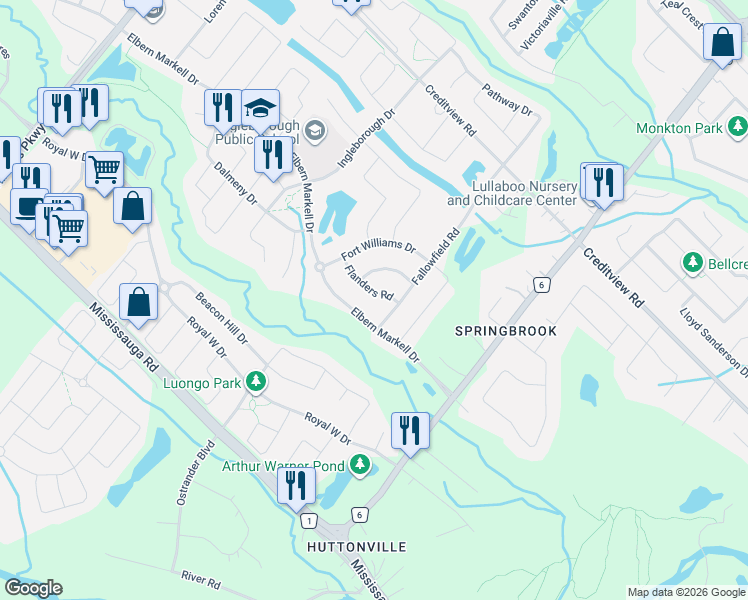 map of restaurants, bars, coffee shops, grocery stores, and more near 6 Flanders Road in Brampton