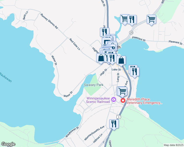 map of restaurants, bars, coffee shops, grocery stores, and more near 22 Water Street in Meredith