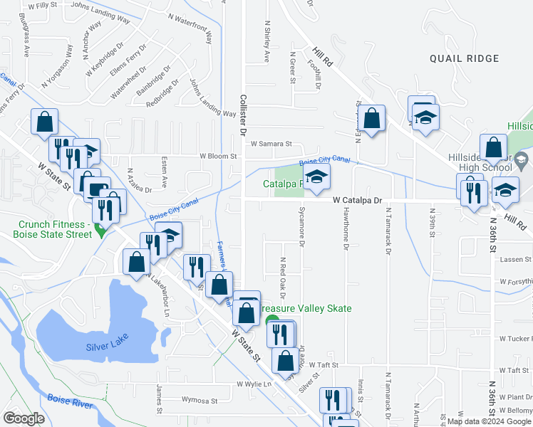 map of restaurants, bars, coffee shops, grocery stores, and more near 3780 North Barberry Lane in Boise