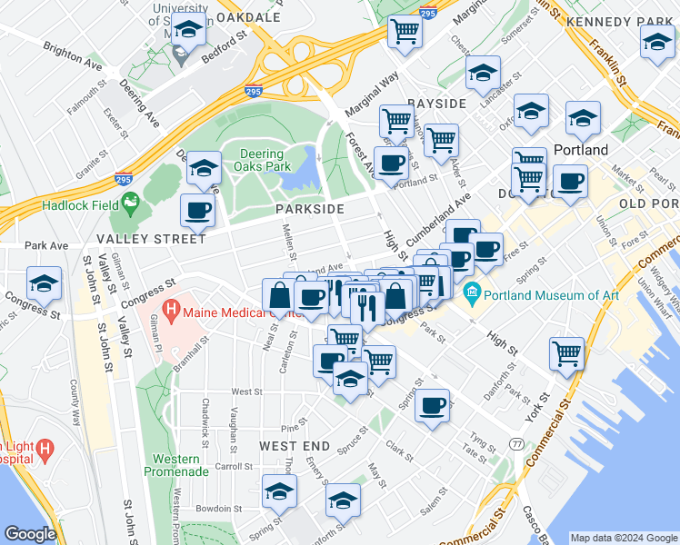 map of restaurants, bars, coffee shops, grocery stores, and more near in Portland