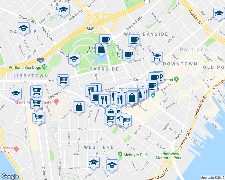 map of restaurants, bars, coffee shops, grocery stores, and more near 57 Deering Street in Portland