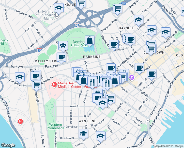 map of restaurants, bars, coffee shops, grocery stores, and more near 57 Deering Street in Portland
