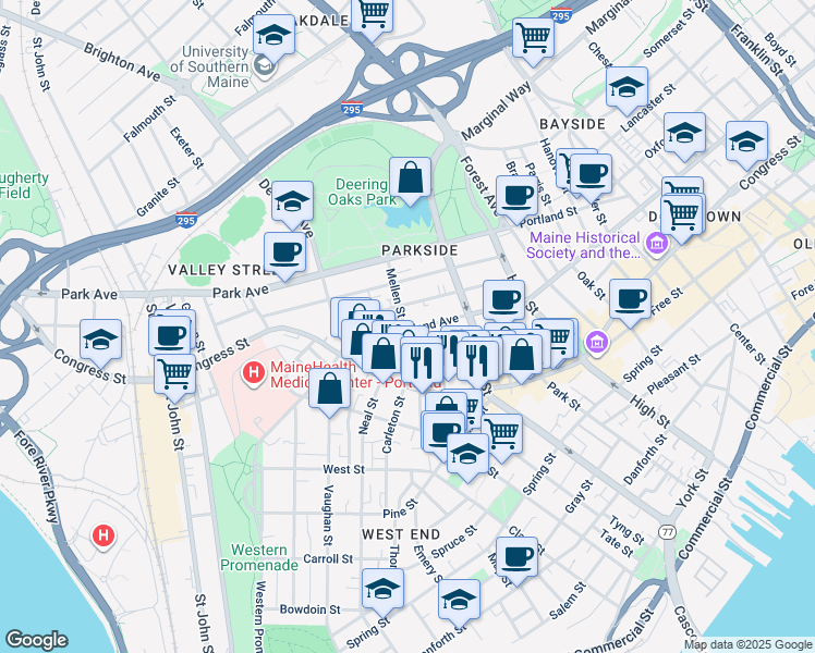 map of restaurants, bars, coffee shops, grocery stores, and more near 42 Mellen Street in Portland