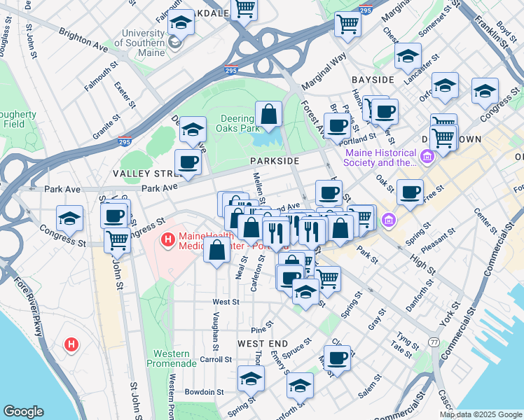 map of restaurants, bars, coffee shops, grocery stores, and more near 42 Mellen Street in Portland