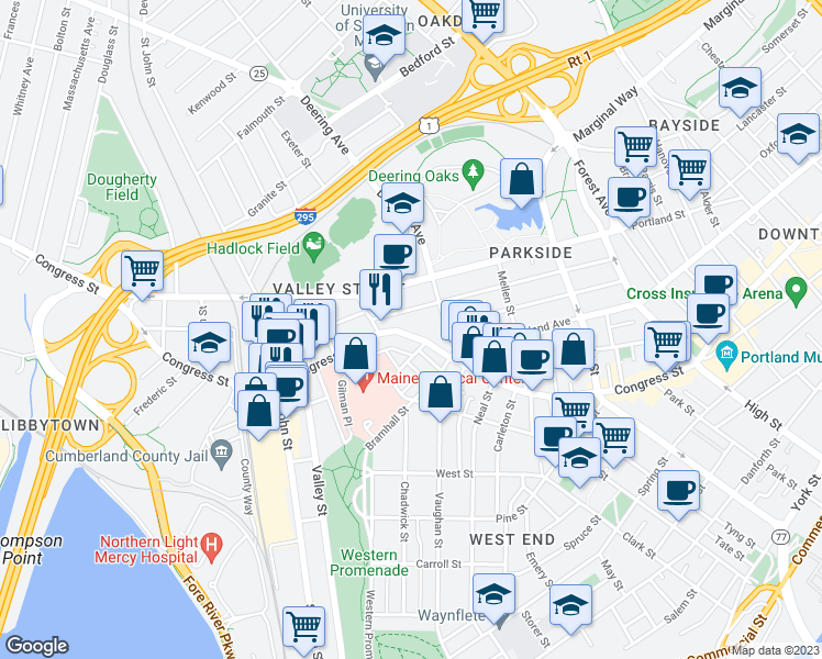 map of restaurants, bars, coffee shops, grocery stores, and more near 15 Crescent Street in Portland