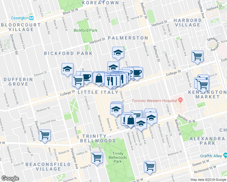 map of restaurants, bars, coffee shops, grocery stores, and more near 612 College Street in Toronto