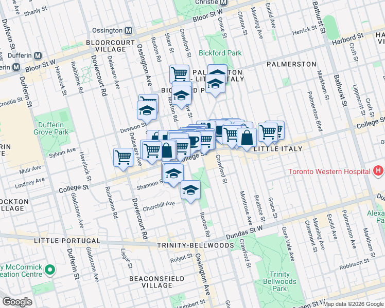map of restaurants, bars, coffee shops, grocery stores, and more near in Toronto