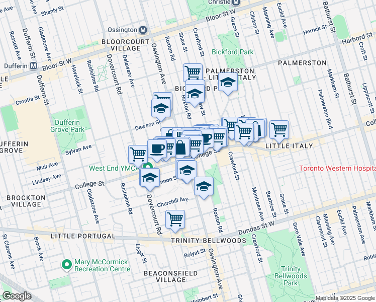 map of restaurants, bars, coffee shops, grocery stores, and more near 794 College Street in Toronto