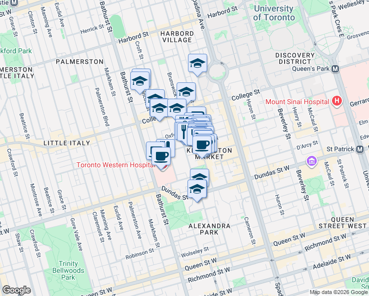 map of restaurants, bars, coffee shops, grocery stores, and more near 66 A Bellevue Avenue in Toronto