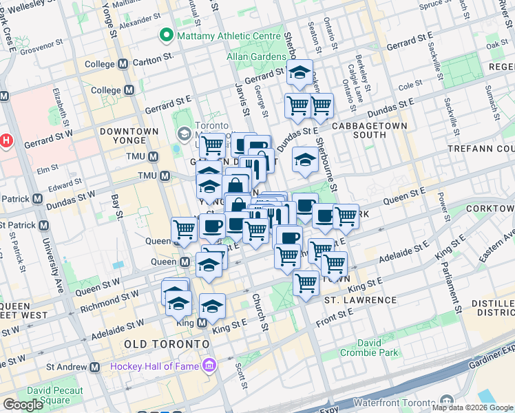 map of restaurants, bars, coffee shops, grocery stores, and more near 47 Mutual Street in Toronto