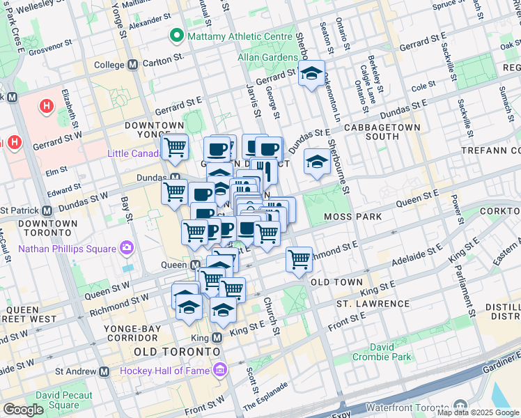 map of restaurants, bars, coffee shops, grocery stores, and more near 77 Shuter Street in Toronto