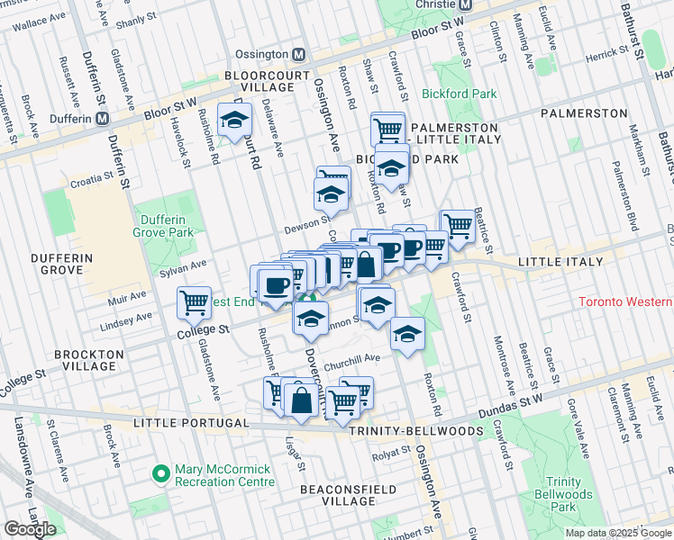 map of restaurants, bars, coffee shops, grocery stores, and more near 16 Concord Avenue in Toronto