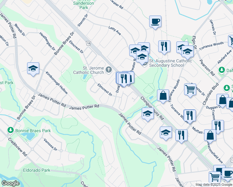 map of restaurants, bars, coffee shops, grocery stores, and more near Dusk Drive in Brampton