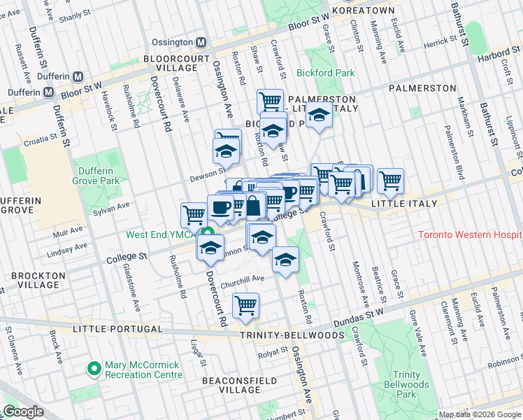 map of restaurants, bars, coffee shops, grocery stores, and more near 457 Ossington Avenue in Toronto