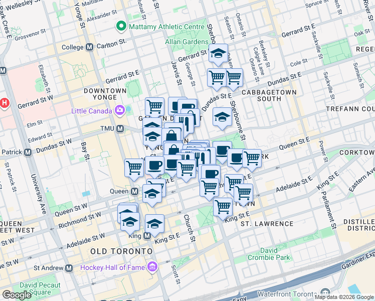 map of restaurants, bars, coffee shops, grocery stores, and more near 47 Mutual Street in Toronto