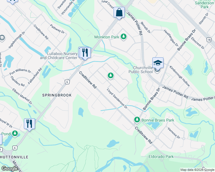 map of restaurants, bars, coffee shops, grocery stores, and more near 150 Lloyd Sanderson Drive in Brampton