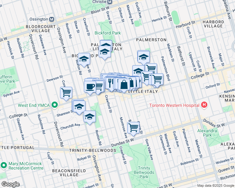 map of restaurants, bars, coffee shops, grocery stores, and more near 677 College Street in Toronto