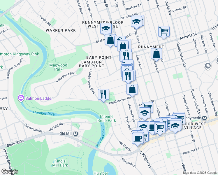map of restaurants, bars, coffee shops, grocery stores, and more near 58 Harshaw Avenue in Toronto
