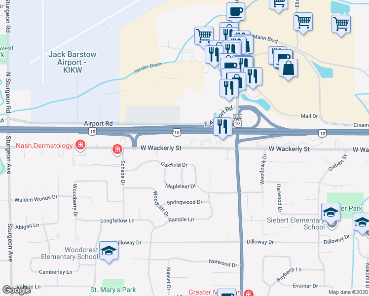 map of restaurants, bars, coffee shops, grocery stores, and more near 2013 W Wackerly St in Midland Township