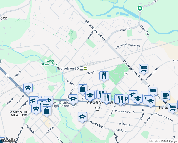 map of restaurants, bars, coffee shops, grocery stores, and more near 41 King Street in Halton Hills