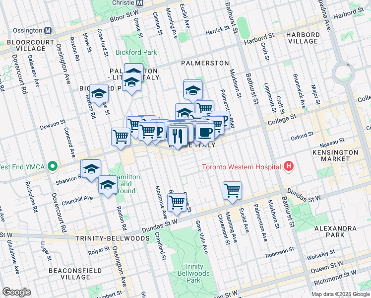 map of restaurants, bars, coffee shops, grocery stores, and more near in Toronto
