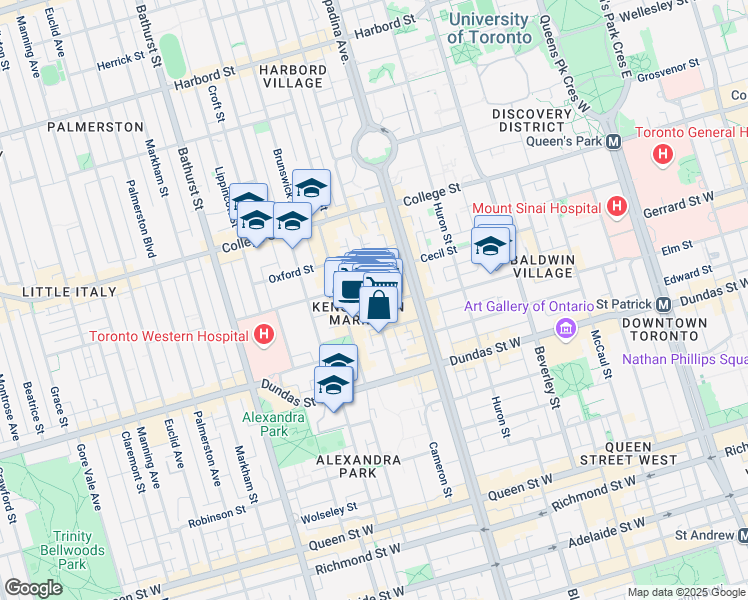 map of restaurants, bars, coffee shops, grocery stores, and more near 174 Baldwin Street in Toronto